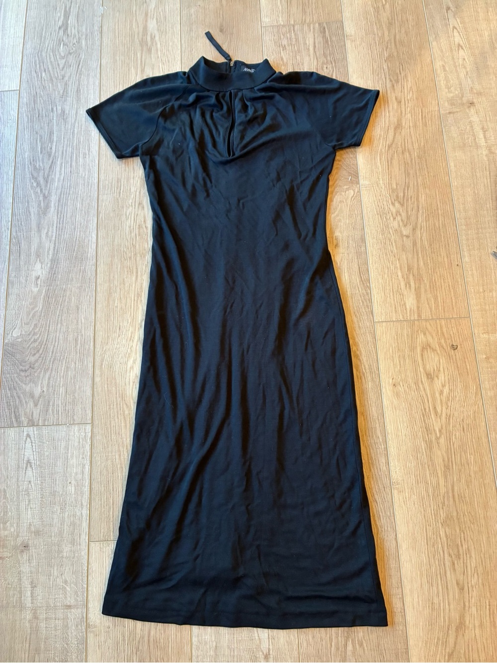 Marc Cain Black Short-Sleeve Midi Dress mock neck zip back peephole chest lyocel